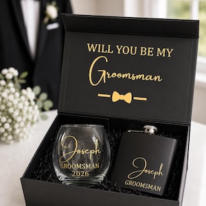 Personalised Groomsmen Proposal Gift Box | Custom Name Whiskey Glass and Hip Flask