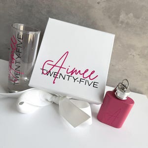 Personalised Birthday Gift Box with Shot Glass & Keyring Hip Flask, 18th, 21st, 30th Keepsake White