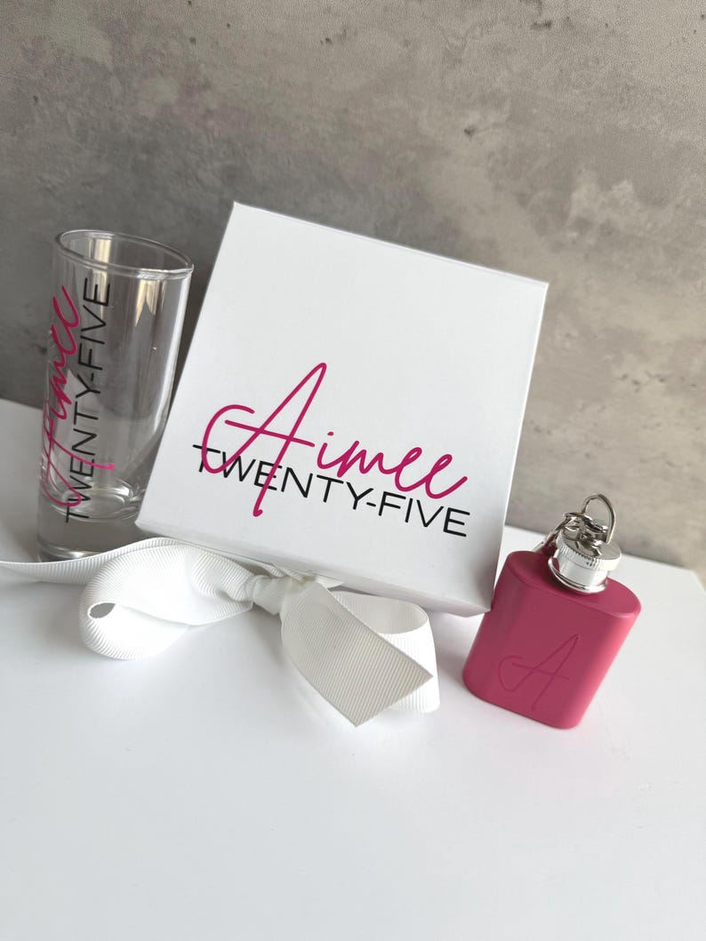 Personalised Birthday Gift Box with Shot Glass & Keyring Hip Flask, 18th, 21st, 30th Keepsake White