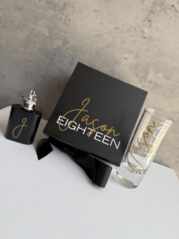 Personalised Birthday Gift Box with Shot Glass & Keyring Hip Flask,  18th, 21st, 30th Keepsake