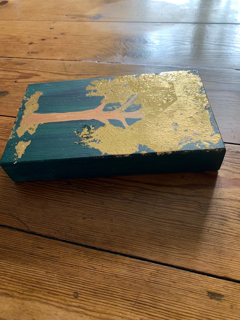 Boîte en bois bleue et verte, oeuvre d'art fluide avec des feuilles d'or de 20 x 20 cm 8 po. par 5 po. image 4