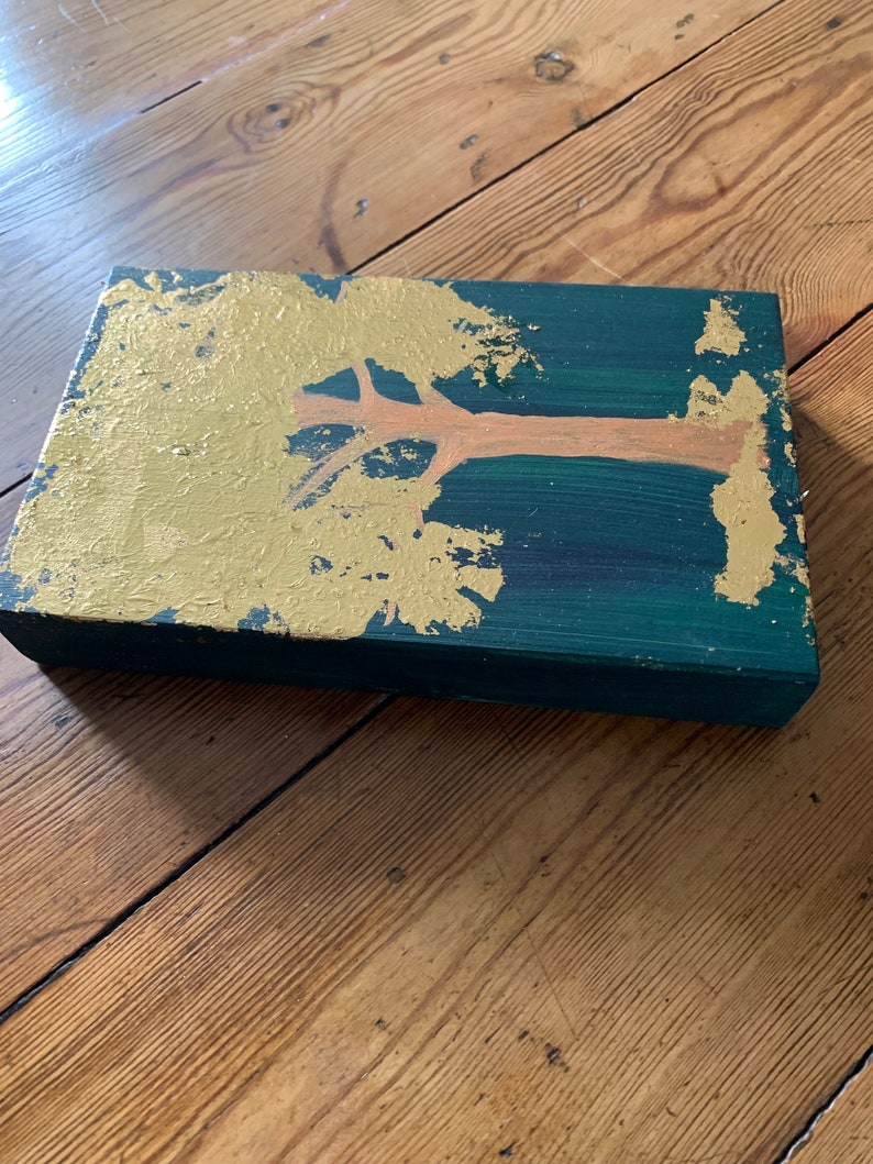 Boîte en bois bleue et verte, oeuvre d'art fluide avec des feuilles d'or de 20 x 20 cm 8 po. par 5 po. image 5