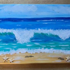 Acrylic. Painting. Sea waves. Acrylic Painting on canvas. 12" by 9"  with tiny real starfish.