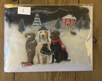 Christmas card. Felted snowy scene with appliqué dogs. All breeds. One card only. Please say number on card.