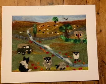 Needle felt picture of a lovely countryside scene. Landrover, sheep, collie dog. 20” by 16”