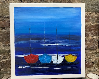 Painting. Acrylic. Four little boats on block canvas 10 x 10 inches