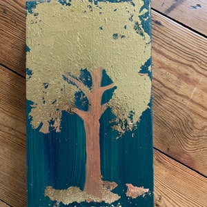 Boîte en bois bleue et verte, oeuvre d'art fluide avec des feuilles d'or de 20 x 20 cm 8 po. par 5 po. image 1