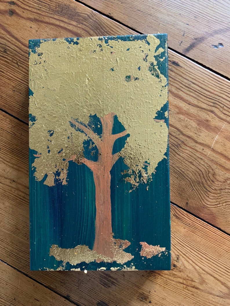 Boîte en bois bleue et verte, oeuvre d'art fluide avec des feuilles d'or de 20 x 20 cm 8 po. par 5 po. image 1