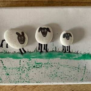 Pebble Art Picture on Canvas. Three Sheep. Approximately 7” by 5”.
