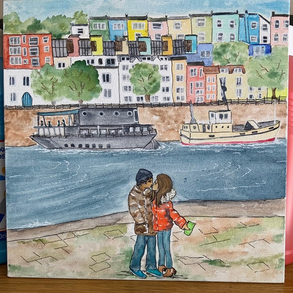 Peinture. Couple au port de Bristol. Aquarelle sur toile. Je peux peindre votre propre scène. S’il vous plaît message