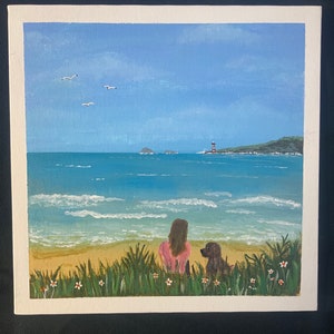 Seaside painting. Girl and dog on beach. 10” by 10” on a flat canvas. Ready to hang