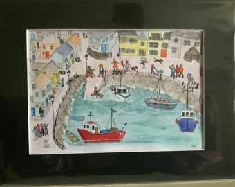 Peinture. Aquarelle excentrique Padstow Harbour Art. Art amusant de 16 po. par 12 po.