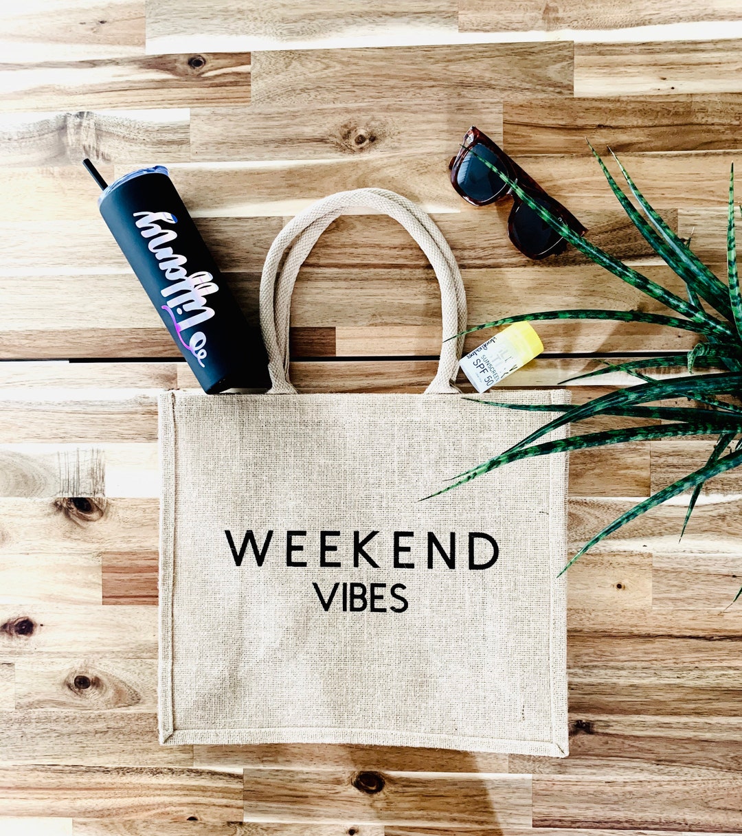 Weekend Vibes Jute Burlap Beach Bag Gift Ideas for a Girls image picture