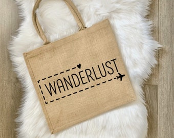 Wanderlust Jute Burlap Beach Bag | Gift Ideas for a Girls’ Trip Birthday Bachelorette Party | Christmas Gift | Large Tote Carryall