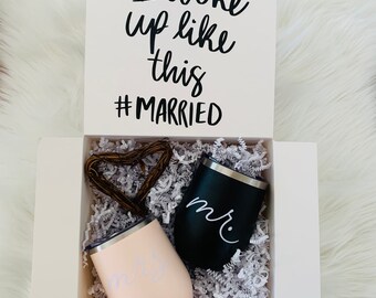 I woke up like this Married Wooden Heart Gift Box  |Mrs. Mr. Insulated Mug Gift | Gift Ideas Wedding