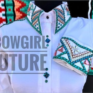 White & Teal Western Show Shirt Showmanship Shirt for women show shirt for women horse riding Shirt with matching Pad