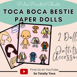 Toca Boca Bestie Paper Dolls With Clothes, Accessories, and Backdrop, Printable Paper crafts, Toca Boca printables, Toca quiet book