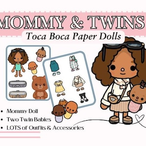 Mommy and Twins Paper Doll Set Digital Download with Outfits & Accessories Printable Paper crafts, Toca Boca printables, Toca quiet book