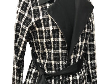 Plaid black and white wrap jacket