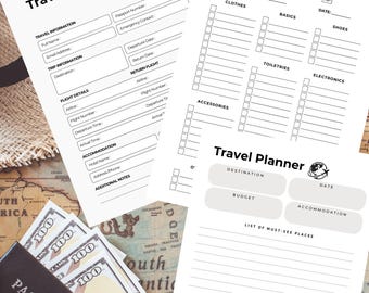 May include: Printable travel planner checklist and itinerary pages with a world map background. The checklist includes sections for clothes, basics, toiletries, electronics, and accessories. The itinerary includes sections for travel information, flight details, and accommodation.