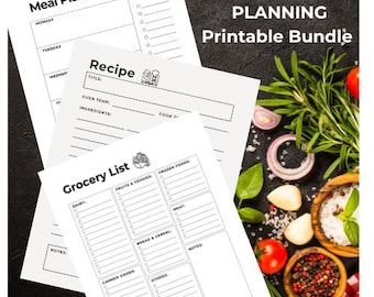 Essensplanung Printable Bundle | Rezept Vorlage, Meal Planner & Einkaufsliste | Wöchentlicher Menüplaner | Küche Organisation zum Ausdrucken