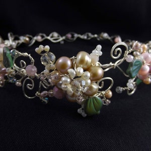 Pearl wedding tiara, bridal tiara with champagne and peach freshwater pearls and green leaves, ornate wire tiara, elven flower tiara