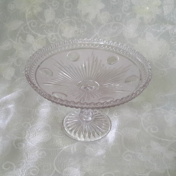 Mid Century glass cake stand, cake plate, pressed glass, depression glass, vintage, retro