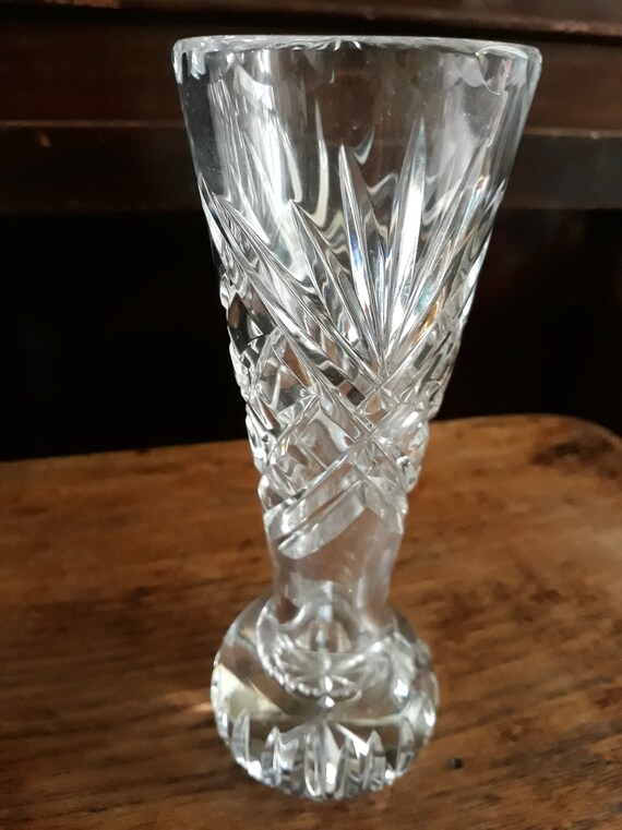 Vintage Cut Glass Lead Crystal Vase Hand Blown Mid Century Etsy