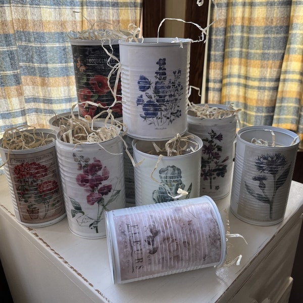 White shabby chic repurposed tin can with floral label