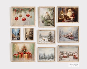 Winter Christmas Wall Art Print Set of 10, Christmas Santa Painting, Chritmas Tree Print, Winter Landscape Deer Print, S-4