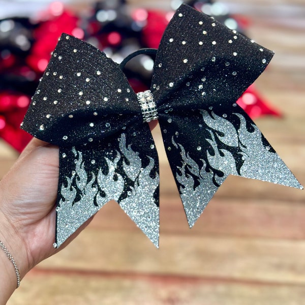 Flame Cheer Bow - Rhinestone Bow - Competition Bow - Three Inch Bows - Cheer Bows - Glitter Bow  - Cheerleading Bow - Team Bows - Dance Bow