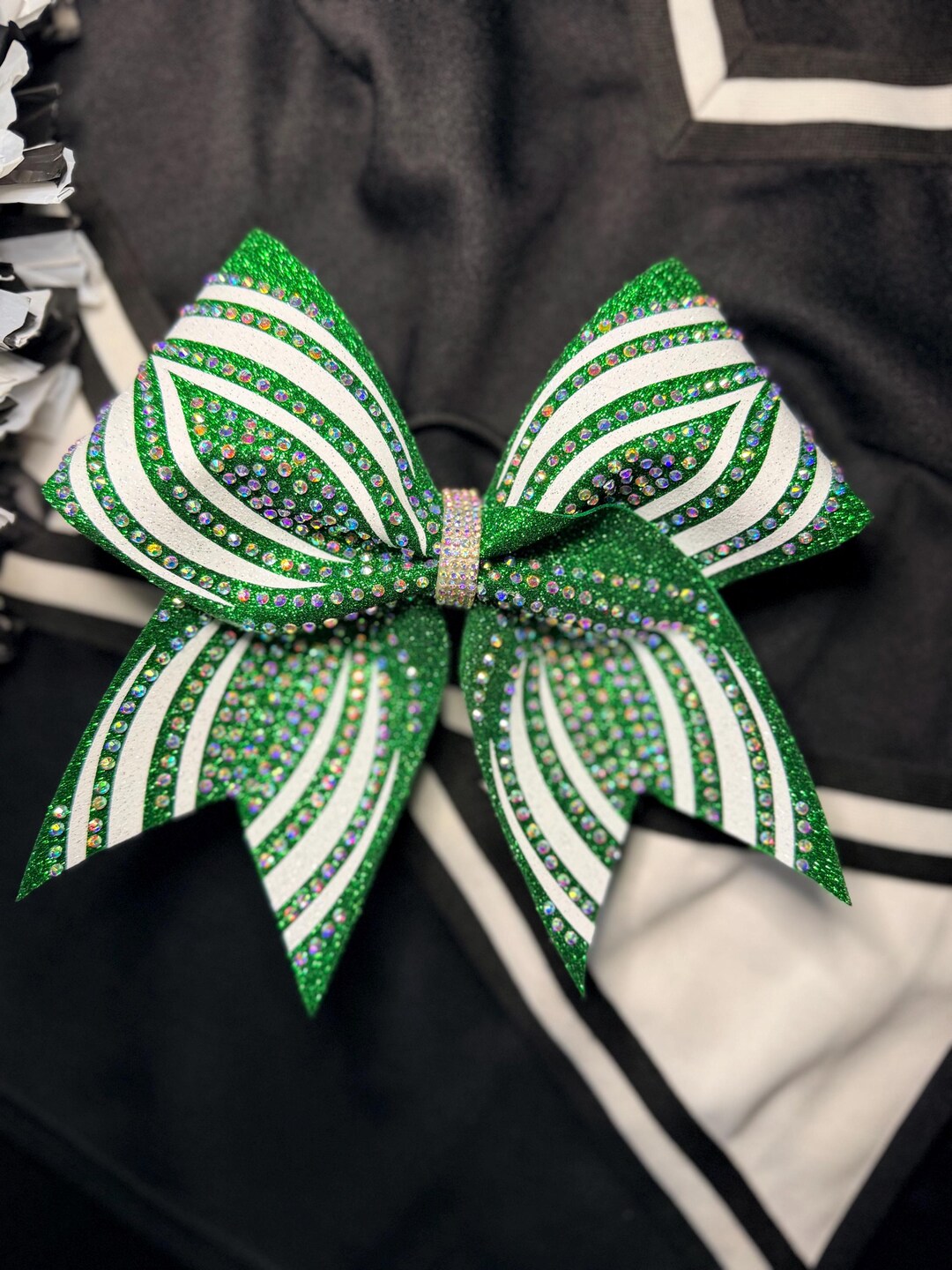 Green and White Rhinestone Cheer Bow – Radiant Burst Cheer Bow ...