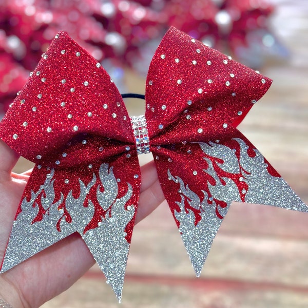 Red Cheer Bow - Competition Cheer Bow - Personalized Cheer Bow - Cheer Trends - Flame Bow - Rhinestone Bow - Glitter Bow - Sparkly Cheer Bow