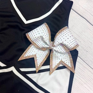 White & Gold Rhinestone Cheer Bow | Competition Bow | Premium Glitter Cheer Bow | Gift for Cheerleaders | Team Bow | Rhinestone Cheer Bow