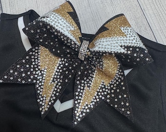 Black & Gold Lightning Bolt Bow | Premium Glitter Cheer Hair Bow with Rhinestones | Competition Cheer Bow | Cheerleader Gift | Team Bow