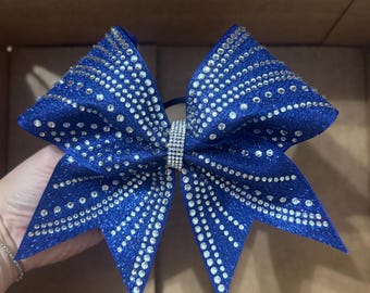 Koningsblauwe strass juichstrik | Aangepaste glitter strik | Haarstrik Competition Cheer | Sprankelende teamstrik | Dans- en cheeraccessoires