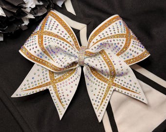 White & Gold Rhinestone Cheer Bow – Luxury Competition Bow – AB Crystal Scatter – Glam Game Day Hair Bow