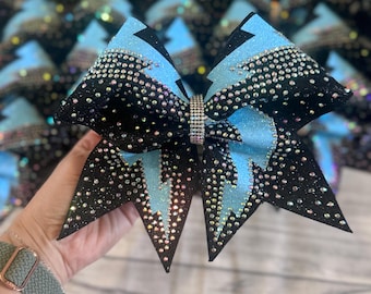 Neon Blue Lightning Cheer Bow | Black Glitter Rhinestone Bow | Competition Cheer Bow | AB Crystal Sparkle Bow | Custom Team Colors Available
