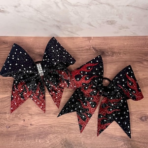 Red Flame Cheer Bow Bundle – Black and Red Glitter Cheer Bow – Rhinestone Cheer Bow – Competition Cheer Bow – Premium Sparkle Flame Bow –