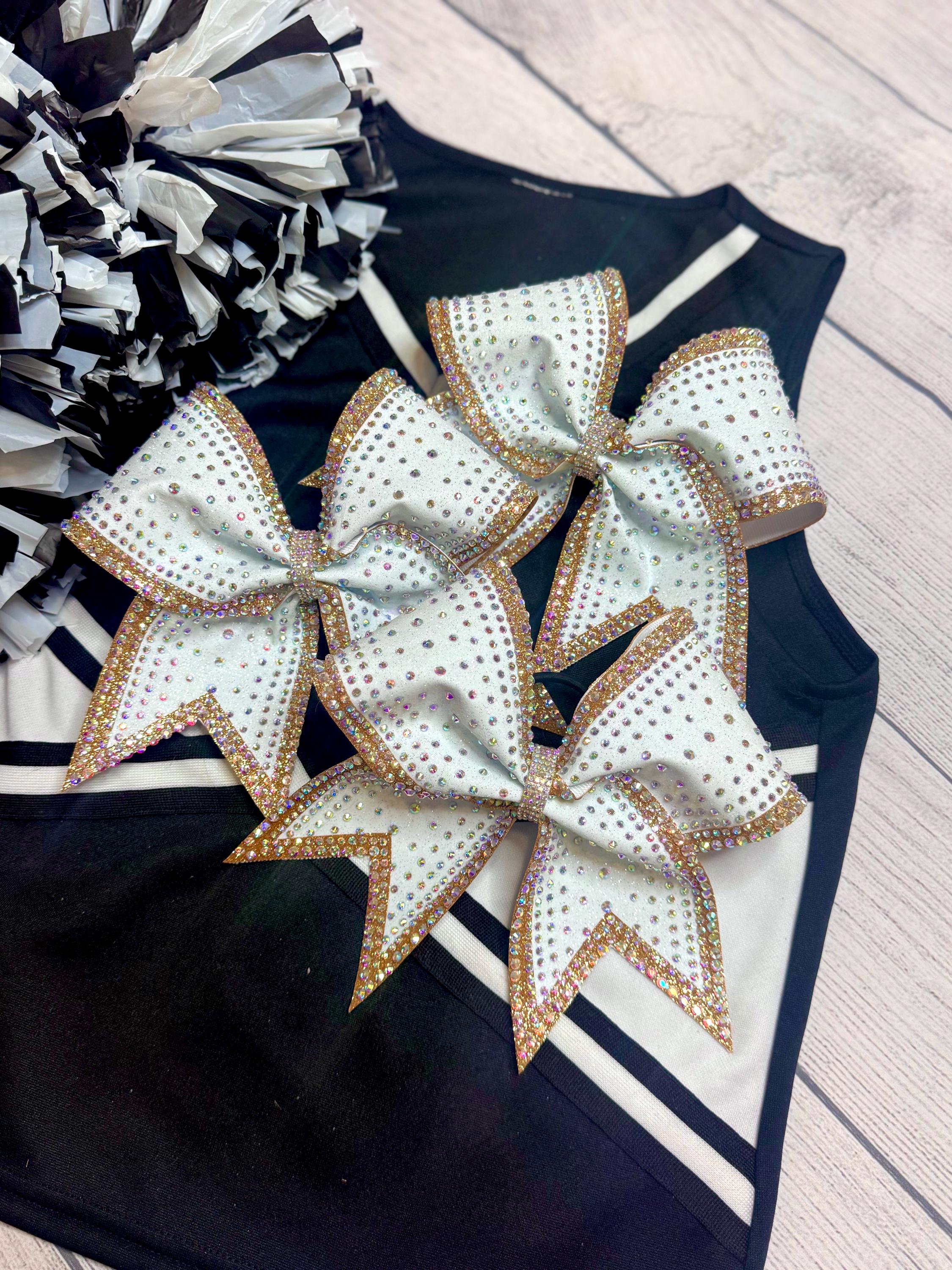 Custom Rhinestone Cheer Bow | White Cheer Bow With Gold Trim ...