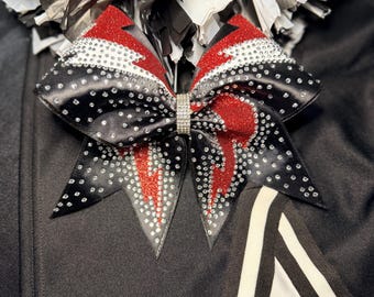 Lightning Bolt Cheer Bow – Black Satin Rhinestone Cheer Bow – Custom Color Lightning Bolt – Competition Cheer Bow – Team Cheer Bow