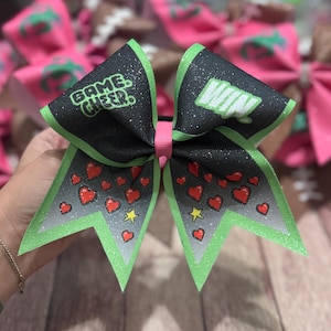 Gamer Cheer Bow – Video Game Cheerleading Bow – Pixel Hearts Glitter Bow – Cheer Gift for Birthday or Christmas – Handmade Sparkly Bow