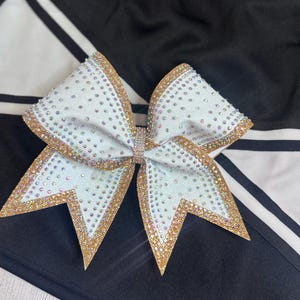 White & Gold Rhinestone Cheer Bow | Competition Bow | Premium Glitter Cheer Bow | Gift for Cheerleaders | Team Bow | Rhinestone Cheer Bow