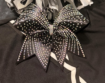 Black Satin Rhinestone Cheer Bow | AB or Crystal Stones | Luxe Cheerleading Competition Bow | Custom Team Colors | Sparkle Dance Bow