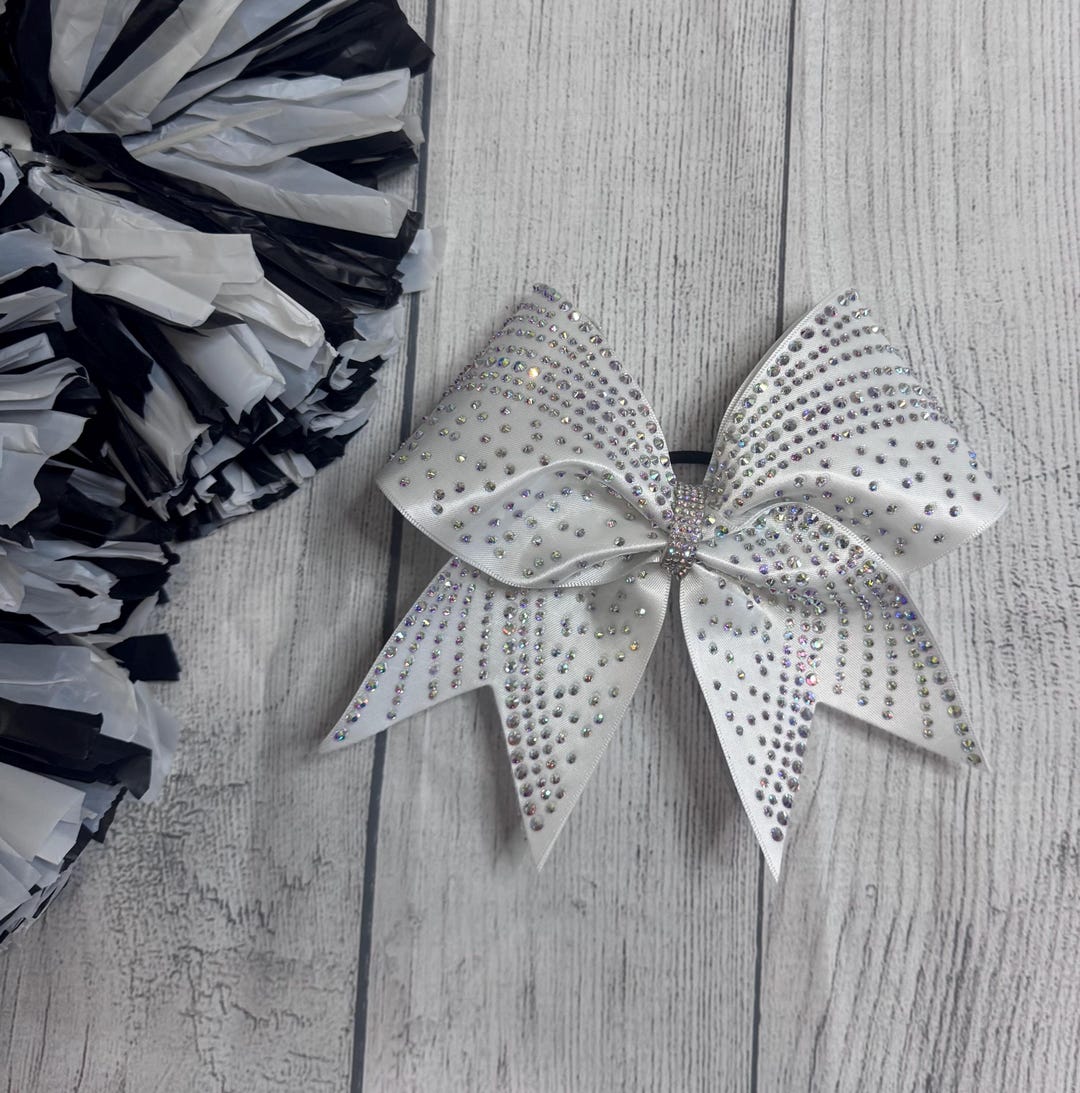 White Satin AB Rhinestone Cheer Bow | Cheerleader Gift | Sparkle ...
