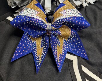 Royal Blue & Gold Lightning Cheer Bow – Rhinestone Competition Bow - Glitter Cheerleading Bow - All Star Bow - Custom Cheer Bow