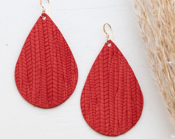 Red coral leather teardrop earrings, teardrop earrings, statement earrings, coral leather, leather teardrop earrings