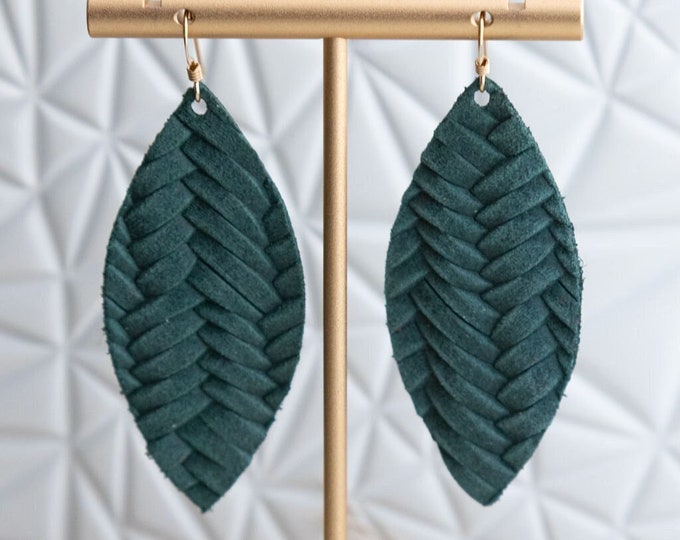 Pine leather teardrop earrings, teardrop earrings, statement earrings, green leather, leather teardrop earrings