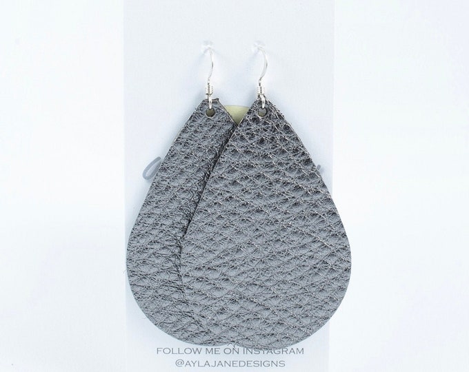 Metallic teardrop earrings, Gun metal gray leather earrings, silver leather earrings, statement earrings, drop earrings