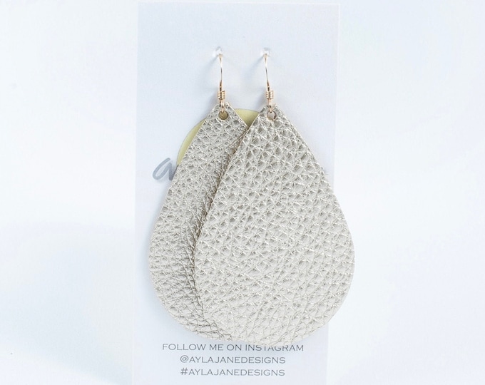 Champagne metallic teardrop, teardrop earrings, champagne leather, statement earrings, drop earrings